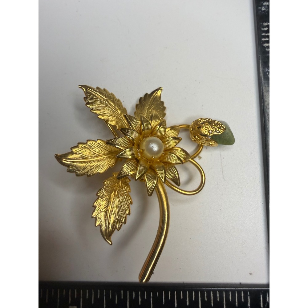 Gold Tone Flower Brooch Faux Pearl Green Stone Floral Pin Botanical Jewelry